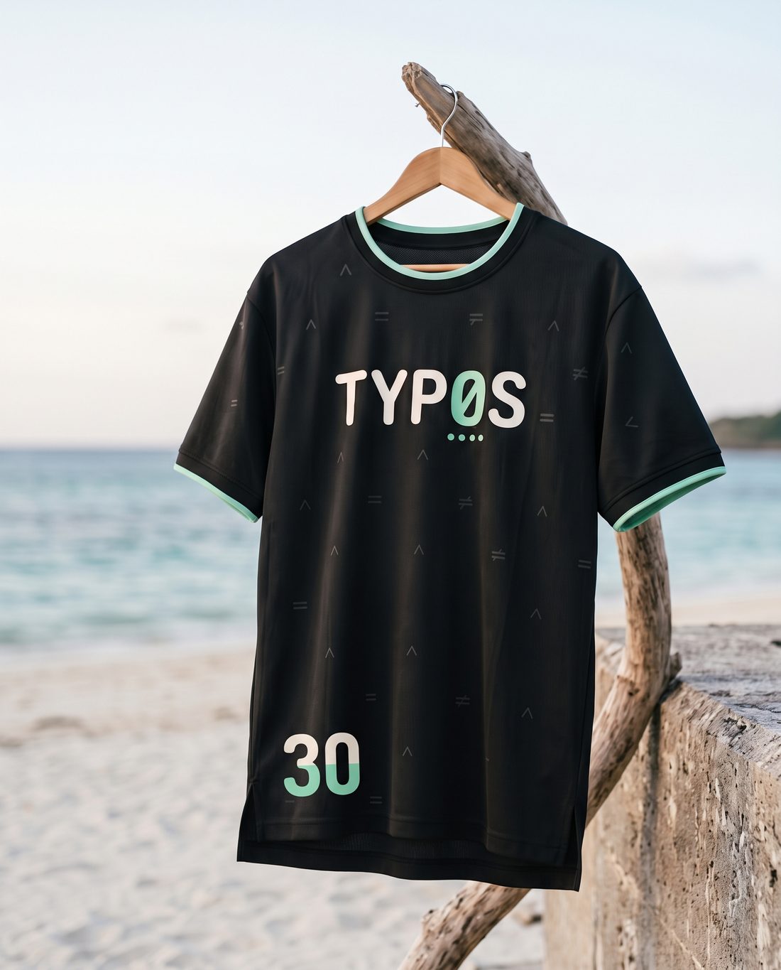 沖縄のビーチで流木に掛けた、ユニ。INK BLACK。胸に TYP0S、裾に背番号30