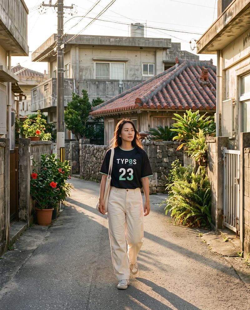 那覇の路地を、ユニ。にチノパンを合わせて歩く人